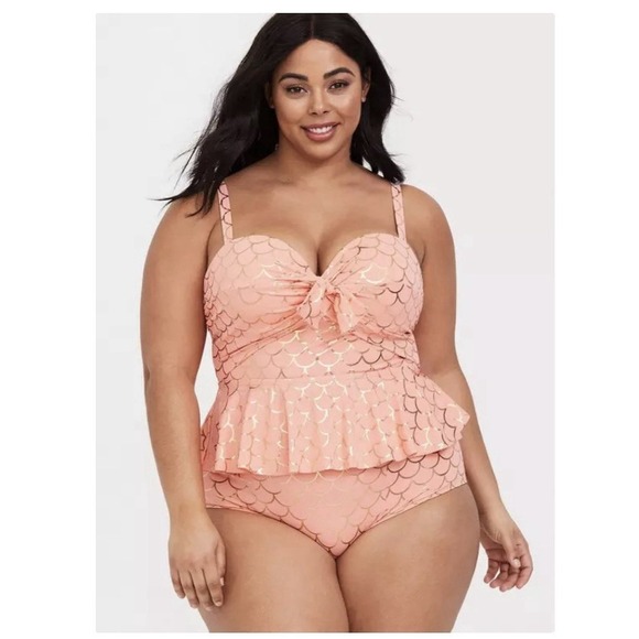Torrid Peach Rose Gold Mermaid‎ Tie Front Underwire Peplum Midkini Top Size 2X - Picture 1 of 12